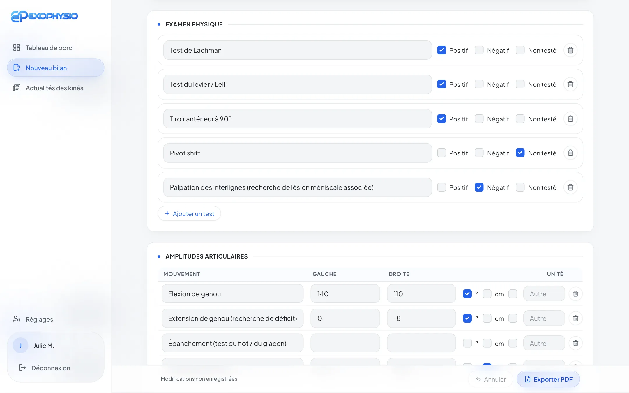 Bilan du genou en cours de saisie : tests cliniques et amplitudes articulaires avec leurs unités